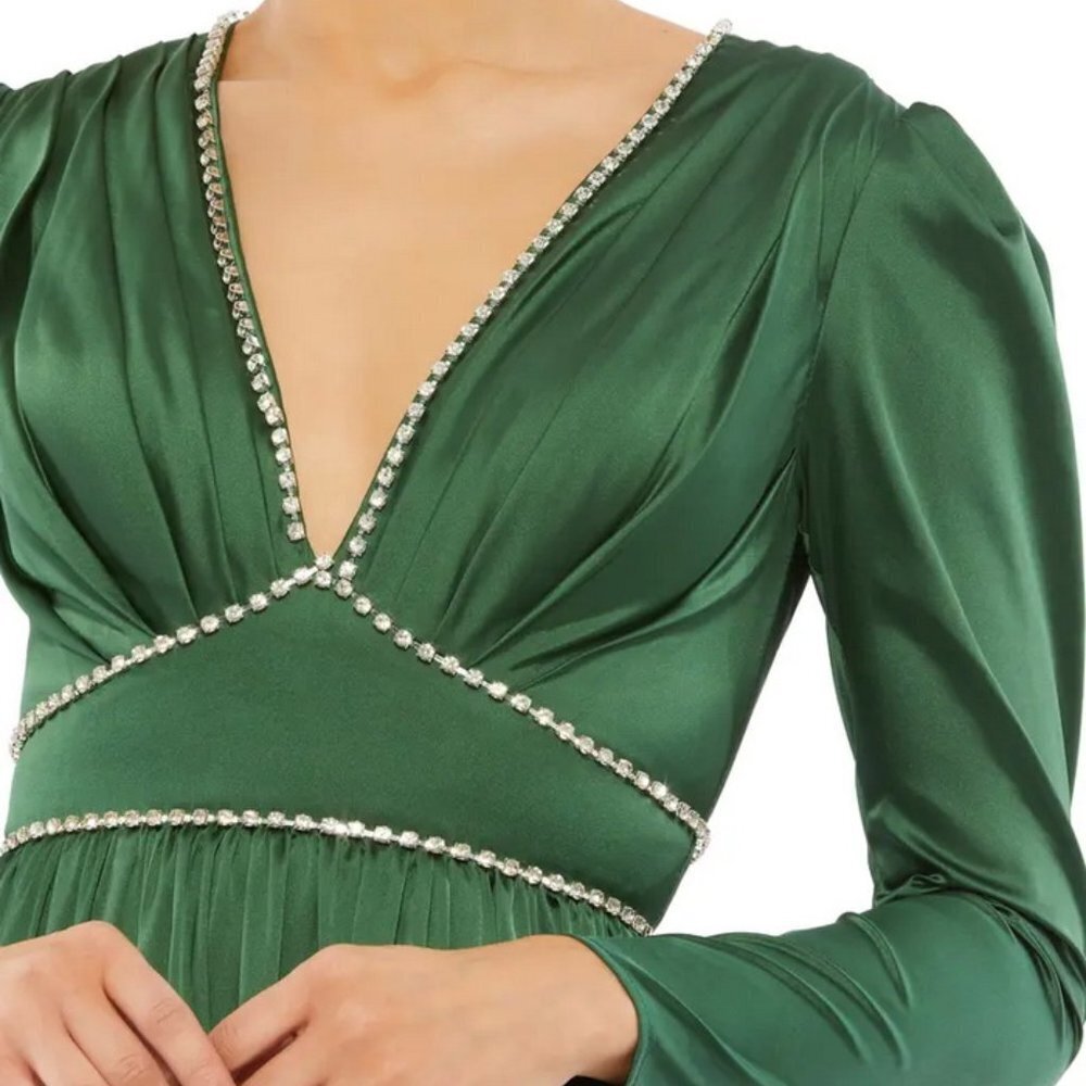 Mac Duggal Emerald Green Crystal Satin Empire Waist Long Sleeve Gown - Picture 5 of 5